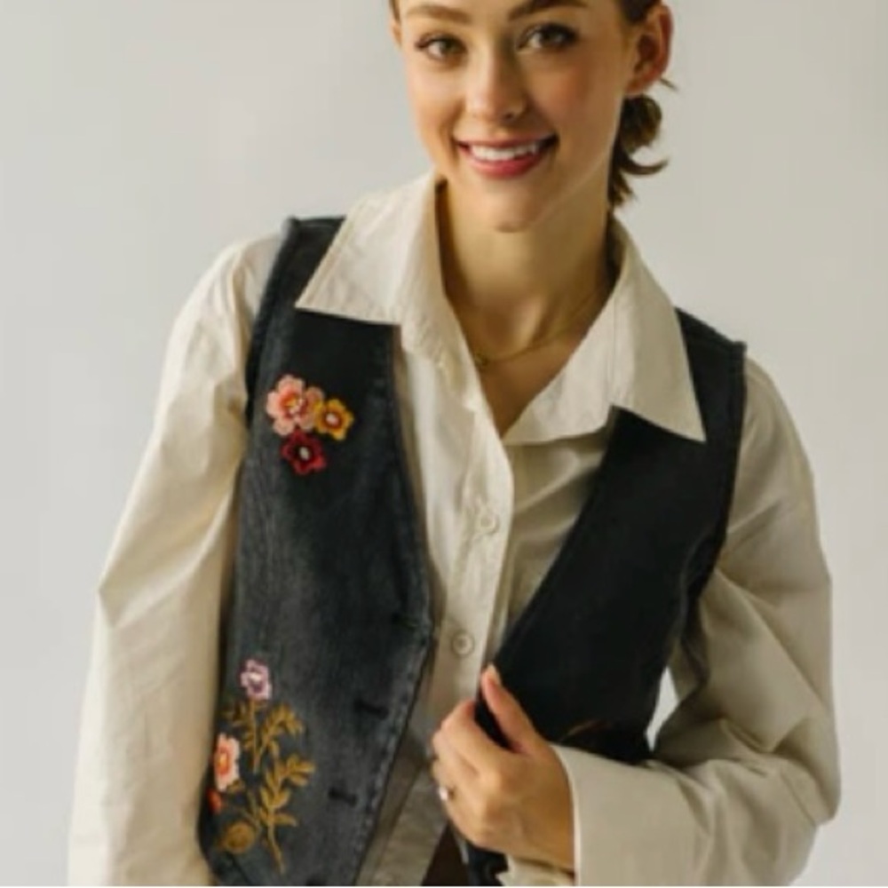 Embroidered Black Denim Vest - Women's Layering Top